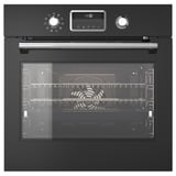 Black built-in oven with digital display and glass door. Telescopic rails and metal racks inside.