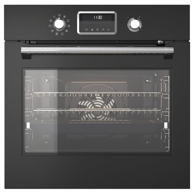 Black built-in oven with digital display and glass door. Telescopic rails and metal racks inside.