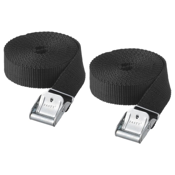 Two black FRAKTA straps with metal buckles, coiled neatly. Ideal for securing luggage.