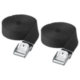 Two black FRAKTA straps with metal buckles, coiled neatly. Ideal for securing luggage.