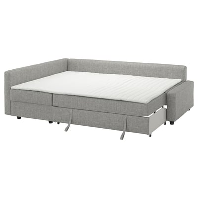 Grey l-shaped sofa bed with storage, light grey upholstery, form cushions, corner design.
