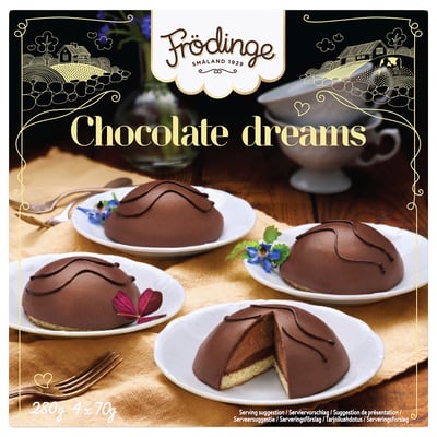 Image FRÖDINGE chocolate dreams desserts on plates with forks. One dessert is cut, revealing interior.