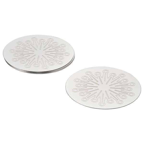 Silver FRÖJDA coasters with firework design, stainless steel, triangular setup.