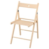 Natural beech folding chair with circular back, slatted seat.