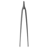 Dark grey plastic kitchen tongs; sleek, curved design.