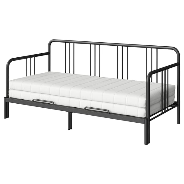 Black FYRESDAL day-bed with white mattress, transforms single/double, modern steel frame.