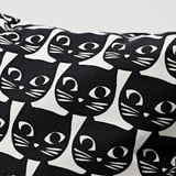 Black and white cat-themed fabric pouch. Repeated cat heads, stylized, on textured cotton material.