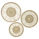 Three circular woven wall art pieces; natural sedge color, handcrafted, hanging design.