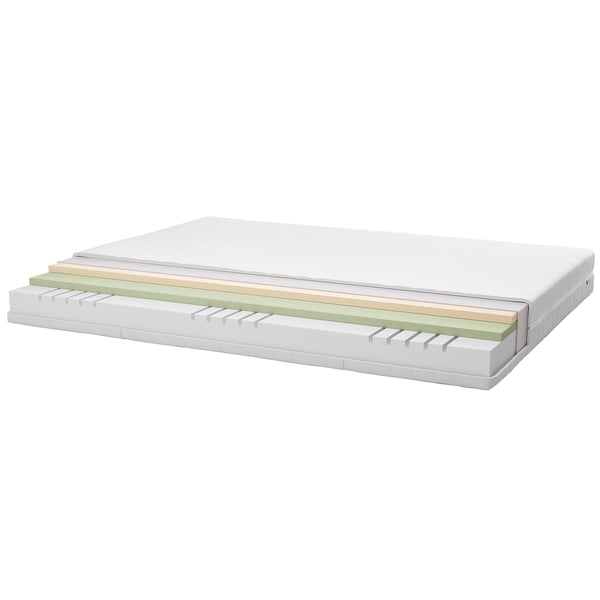 A foam mattress with multiple layers: supportive base, soft green layer, and top comfort layer.