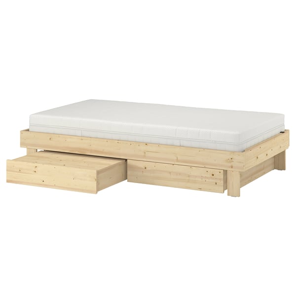 GLAMBERGET bed: lightwood, rectangular, minimalist, with drawers.