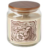 GLANSLIND scented candle. Cream jar, wood lid, floral label.