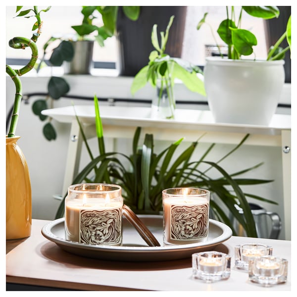 GLANSLIND Scented candle/glass w lid/2 wicks, smoky vanilla/light beige, 70 hr