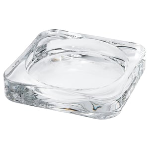 Small, clear square glass candle dish, wavy edges.