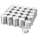 White GLIMMA tealights in silver cups, ideal for ambient lighting.