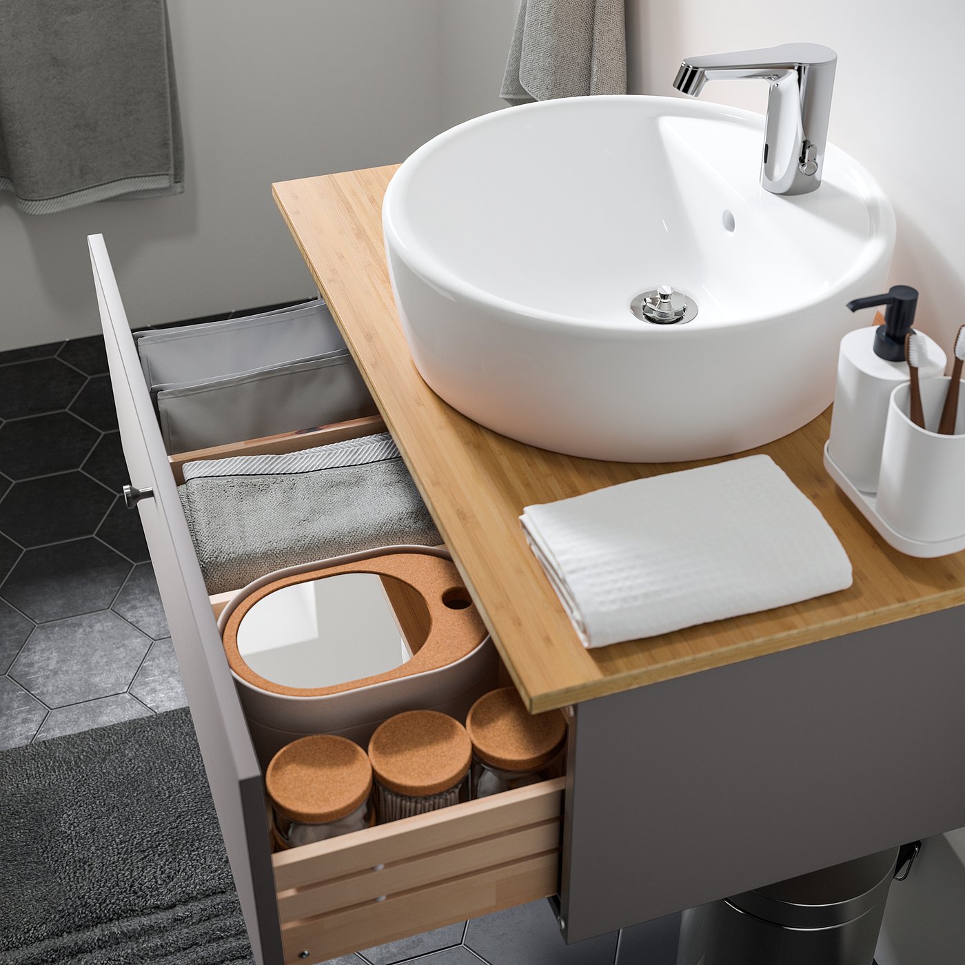 Godmorgon Tolken Trnviken Wsh Stnd W Countertop 45 Wsh Basin Gillburen Dark Grey Bamboo Brogrund Tap Ikea