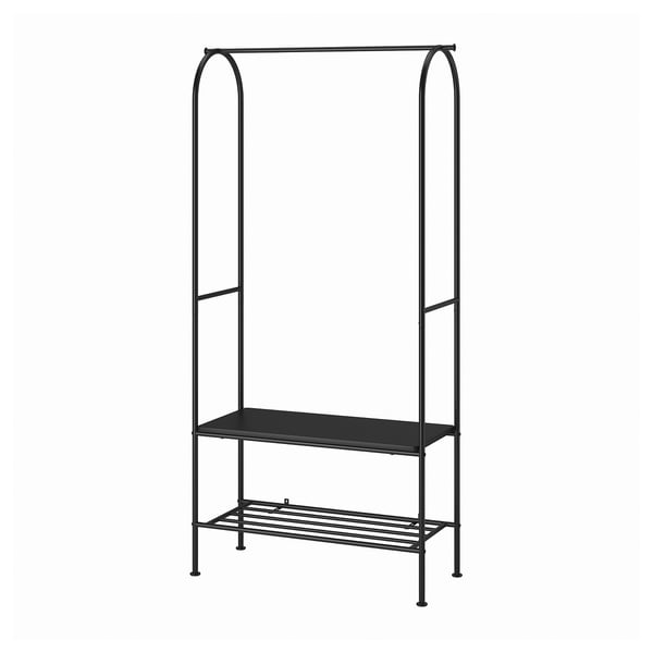 The black GRÅFJÄLLET clothes rack with an industrial design, combining metal frames and particleboard shelves.