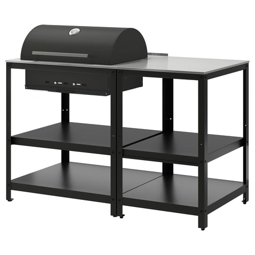 GRILLSKÄR Charcoal barbecue w kitchen island, stainless steel/outdoor, 147x61 cm