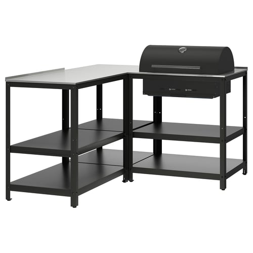 GRILLSKÄR Charcoal barbecue w kitchen island, stainless steel/outdoor, 147x147 cm