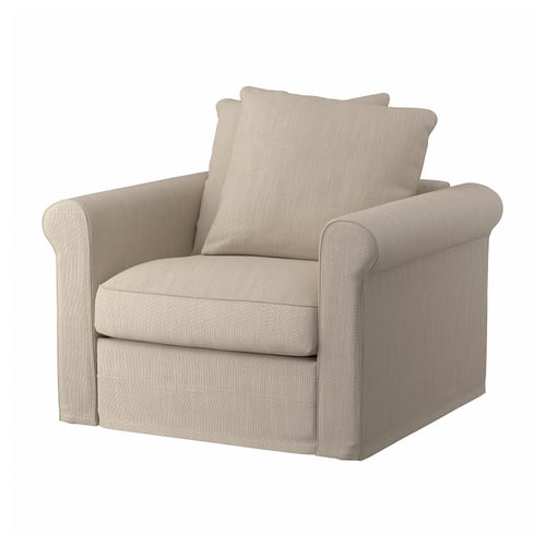 GRÖNLID armchair, beige, blends cotton & polyester, soft & structured, plush with rolled arms.