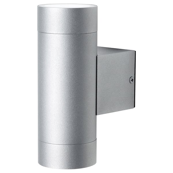 Silver, modern outdoor wall light, cylindrical shape with two parts.