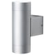 Silver, modern outdoor wall light, cylindrical shape with two parts.