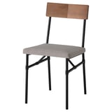 Grötan chair: wooden back, black metal legs, grey fabric seat, modern design.