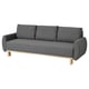 Gray GRUNNARP sofa-bed with wooden legs, converts to full-size bed, offers storage.