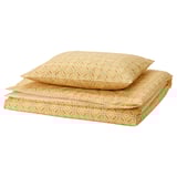 HAMNSENAP yellow bedding set. Rectangular duvet cover & pillowcases with floral, stripe patterns. Soft, breathable cotton-viscose blend.