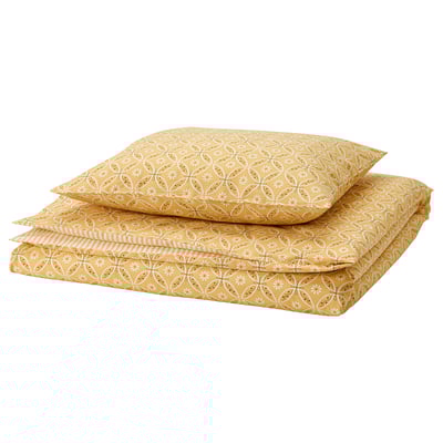 HAMNSENAP yellow bedding set. Rectangular duvet cover & pillowcases with floral, stripe patterns. Soft, breathable cotton-viscose blend.
