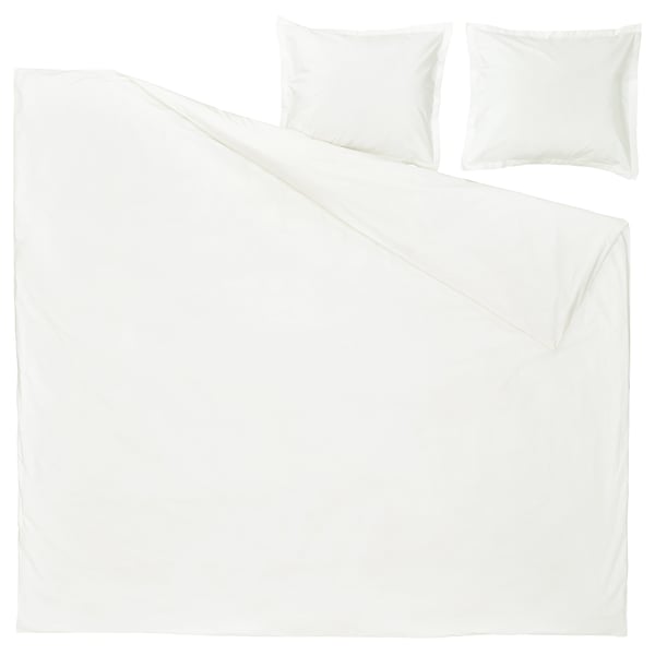 A white HAMPFLOCKEL duvet cover set with matching pillowcases featuring a crisp, classic design made from 100% cotton.