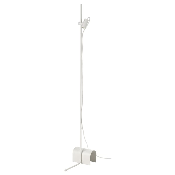 A white HÅRSLINGA floor lamp, featuring a sleek design, adjustable light, and a stable base.