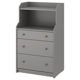 Gray HAUGA chest, 3 drawers, top shelf, sleek design.