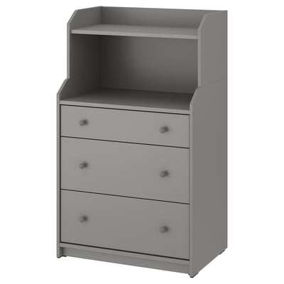 Gray HAUGA chest, 3 drawers, top shelf, sleek design.