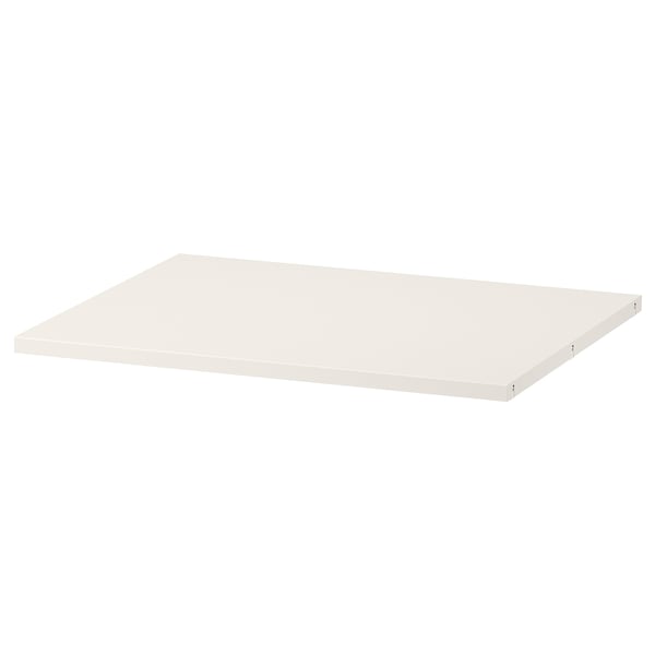 A white HAUGA shelf from ikea, rectangular in shape, made of paper foil and particleboard, with smooth edges and a simple design.