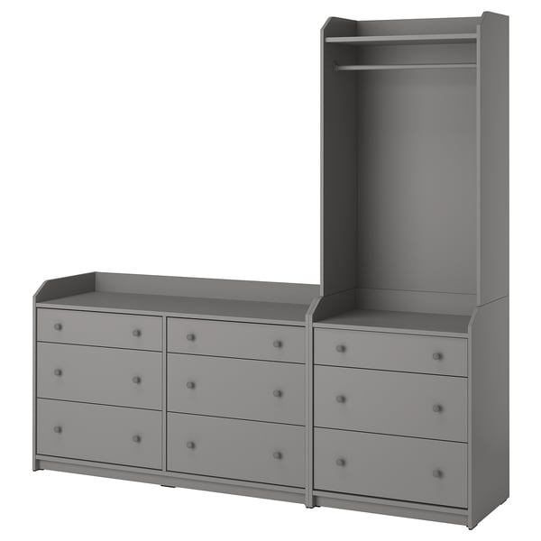 This image shows HAUGA gray furniture with 6 drawers and an open wardrobe, modern design.