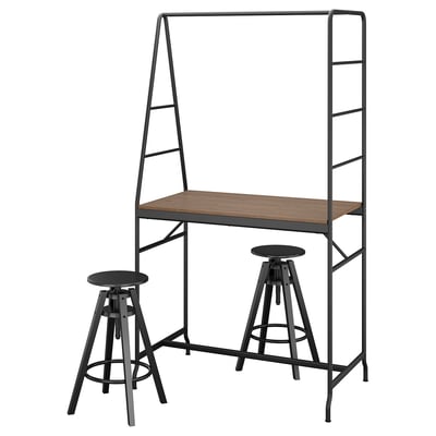 HÅVERUD table setup: black metal legs, wooden top, two adjustable stools. Perfect for working or dining.
