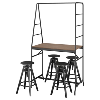 HÅVERUD: industrial-style kitchen table set. A black metal frame, light wood top, and four black stools. Perfect for dining or working.