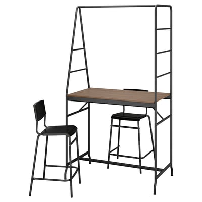 HÅVERUD: modern desk & 2 black stools, metal/wood, l-shape, perfect for workspaces.