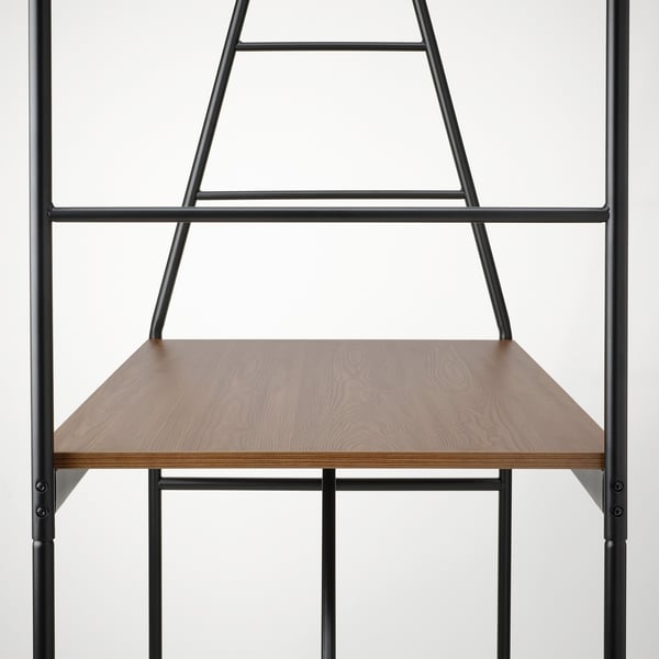 Chat table with ladder-like shelves. Sturdy steel frame, smooth wooden top, clean lines.