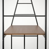 Chat table with ladder-like shelves. Sturdy steel frame, smooth wooden top, clean lines.