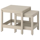 Two light beige wooden tables, one larger and one smaller, nested together with clean, simple lines, perfect for space-saving.