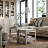 Living room with HAVSTA tables, sofa, lamp, & plants.