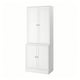 White wooden storage cabinet with two sections and doors, simple scandinavian design.