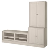 HAVSTA light wood tv setup: tall cabinet, wide tv bench with open shelves, modern rustic design.