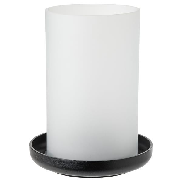 HEDERVÄRD black candlestick, frosted glass, cylindrical shape, rustic vintage design.
