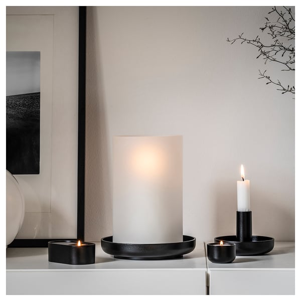 HEDERVÄRD: rustic black metal & frosted glass candle holders. Modern yet traditional, with smooth curves and a cozy, elegant design.