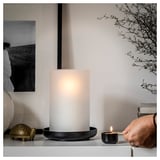 Modern candle holder, HEDERVÄRD, black & frosted glass. Round, rustic design. Creates cozy atmosphere.