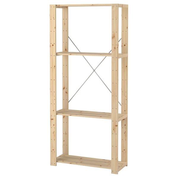 HEJNE wooden shelf, untreated, rectangular, three-tier, sturdy, natural finish.