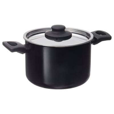 Black saucepan with glass lid and handles. Non-stick, even heat.