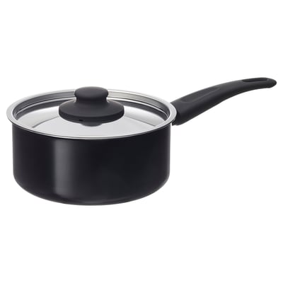 HEMLAGAD black saucepan, round, non-stick, tempered glass lid, handle, ceramic coating, aluminum base.